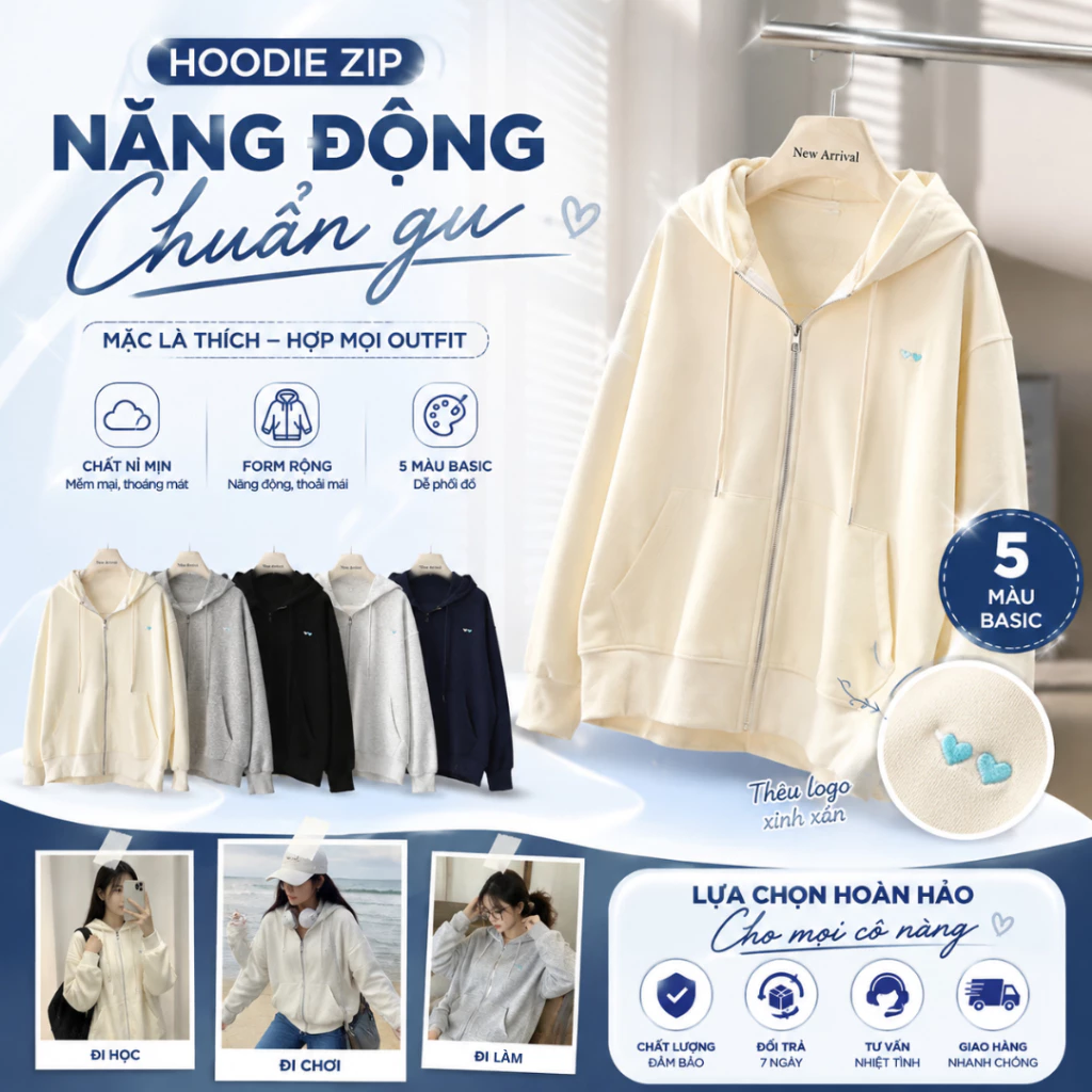 [NỈ 2 DA - DÀY MỊN MÁT] Áo Khoác Nữ Hoodie ZIP Mee.iem thêu tim nổi dày dặn thoáng mát form rộng chống nắng tốt