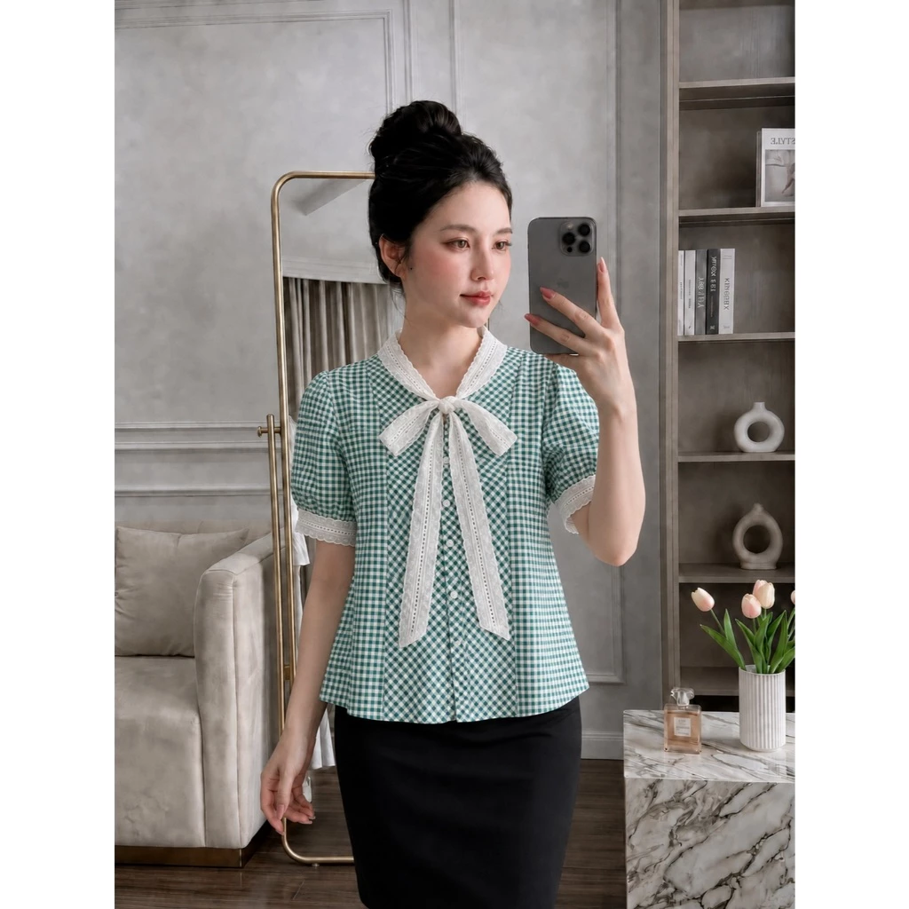 áo sơ mi kẻ phối ren trẻ trung dễ phối đồ, chất liệu mềm mát K5