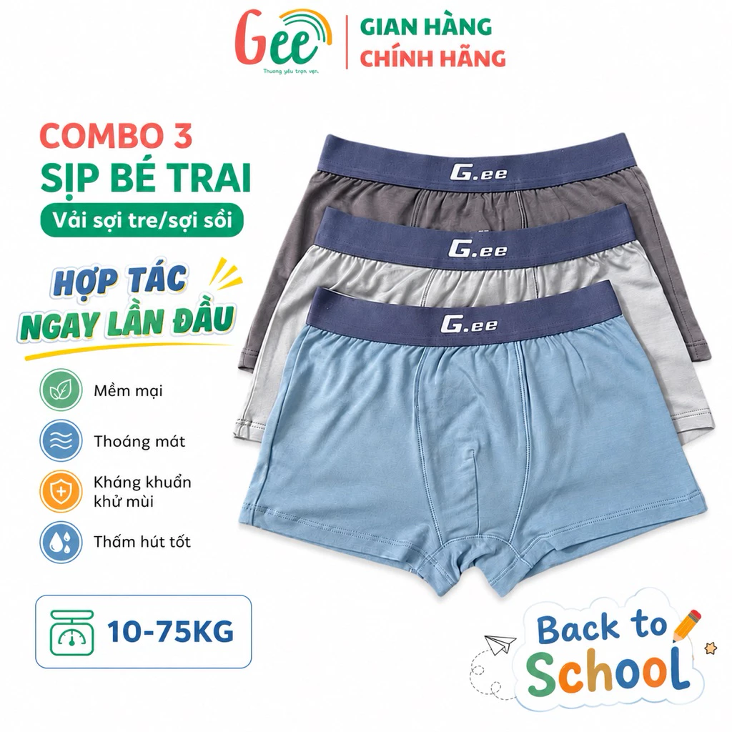 Set 3 quần sịp bé trai Gee 10-75kg hàng VN, vải sợi tre, sợi sồi mềm mát, thấm hút, kháng khuẩn