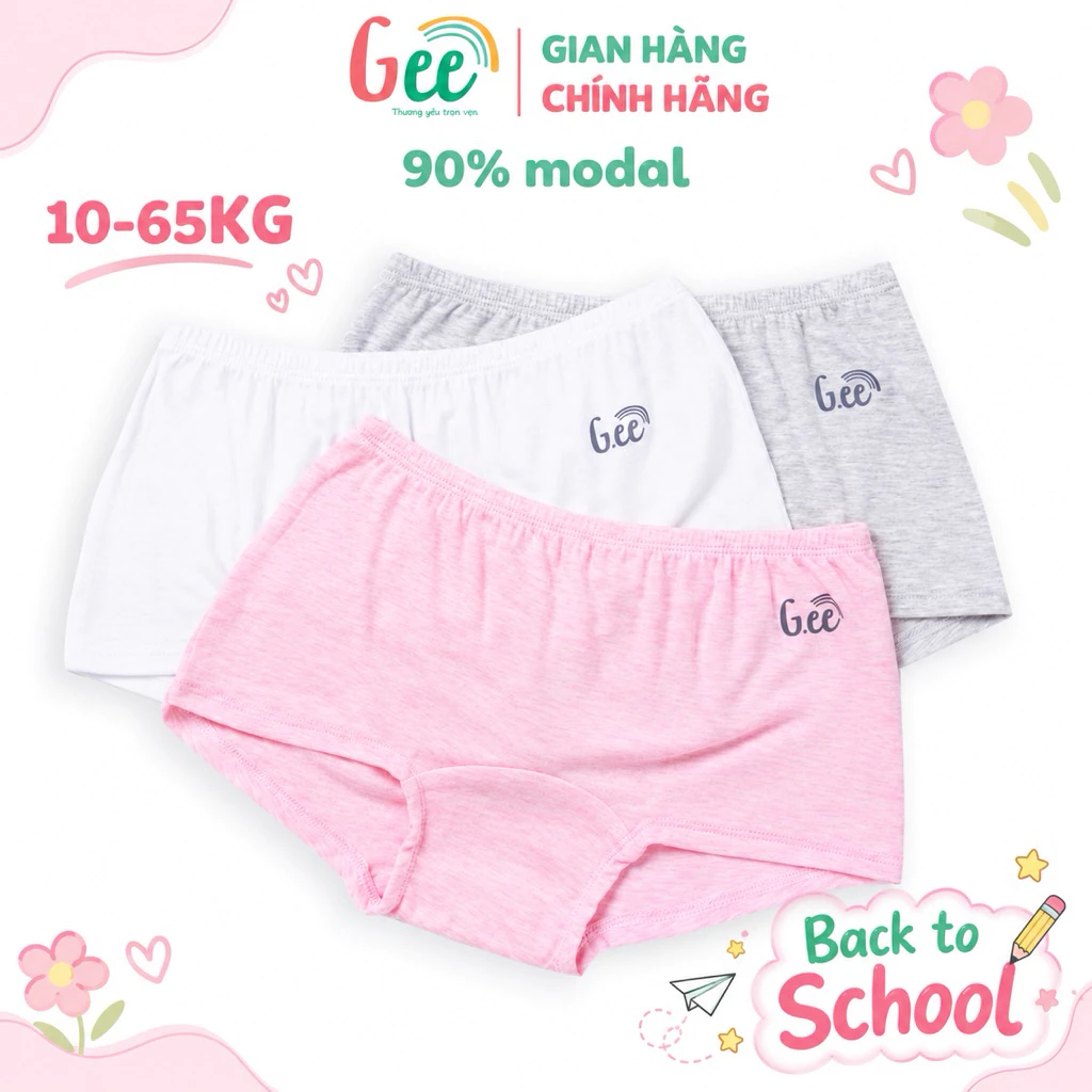 Set 3 quần chip bé gái Gee, quần lót bé gái 10-65kg vải sợi tre, sồi mềm mịn, thấm hút, co giãn