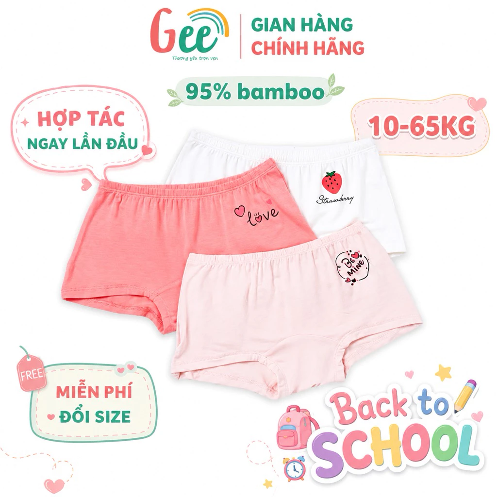 Chip đùi bé gái Gee, set 3 quần lót cho bé, vải sợi tre, sồi mềm, mát, thấm hút, co giãn, sx tại VN