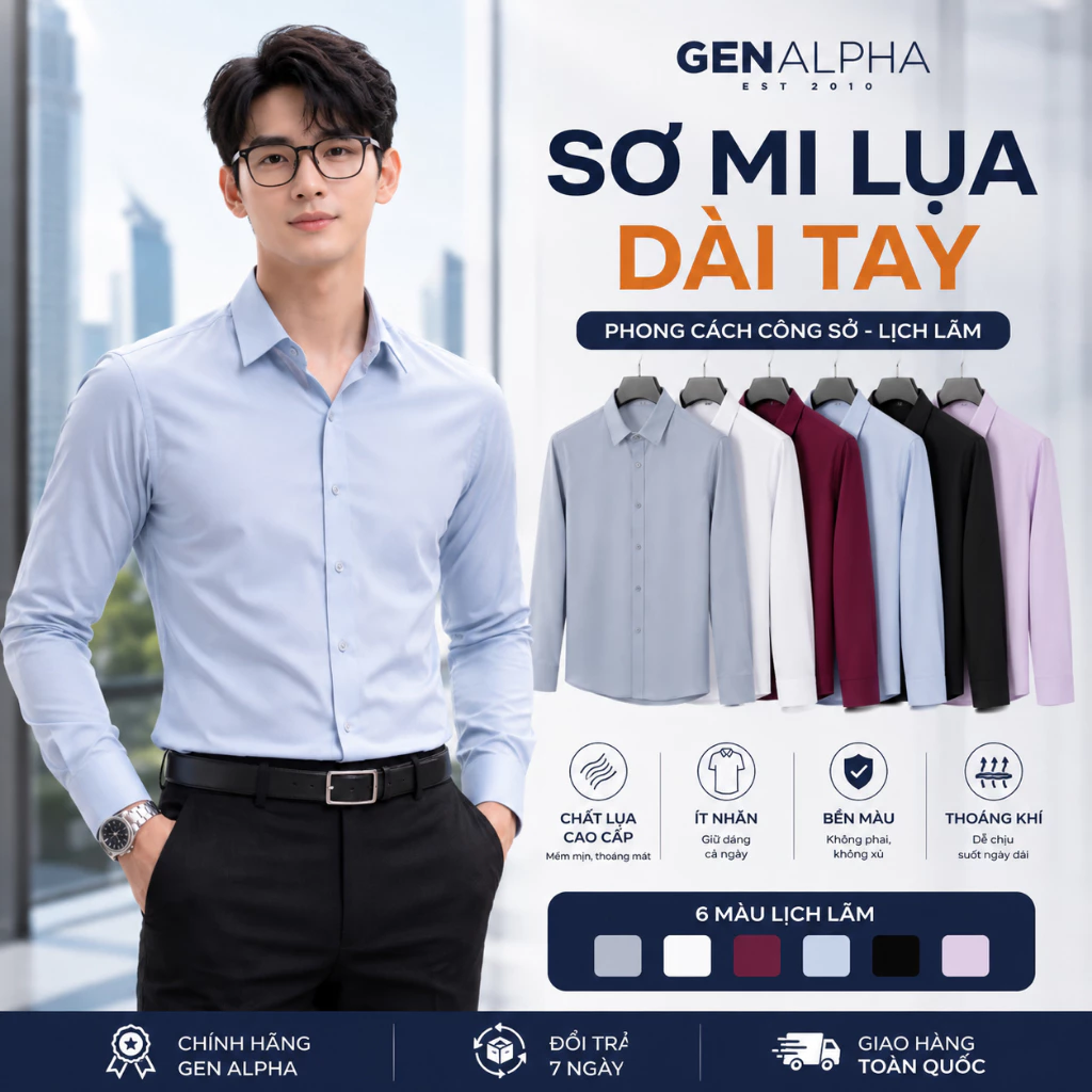 Áo Sơ Mi Nam Tay Dài GEN ALPHA Vải Lụa Cotton Chống Nhăn Thấm Hút Tốt Form Rộng Công Sở Cao Cấp