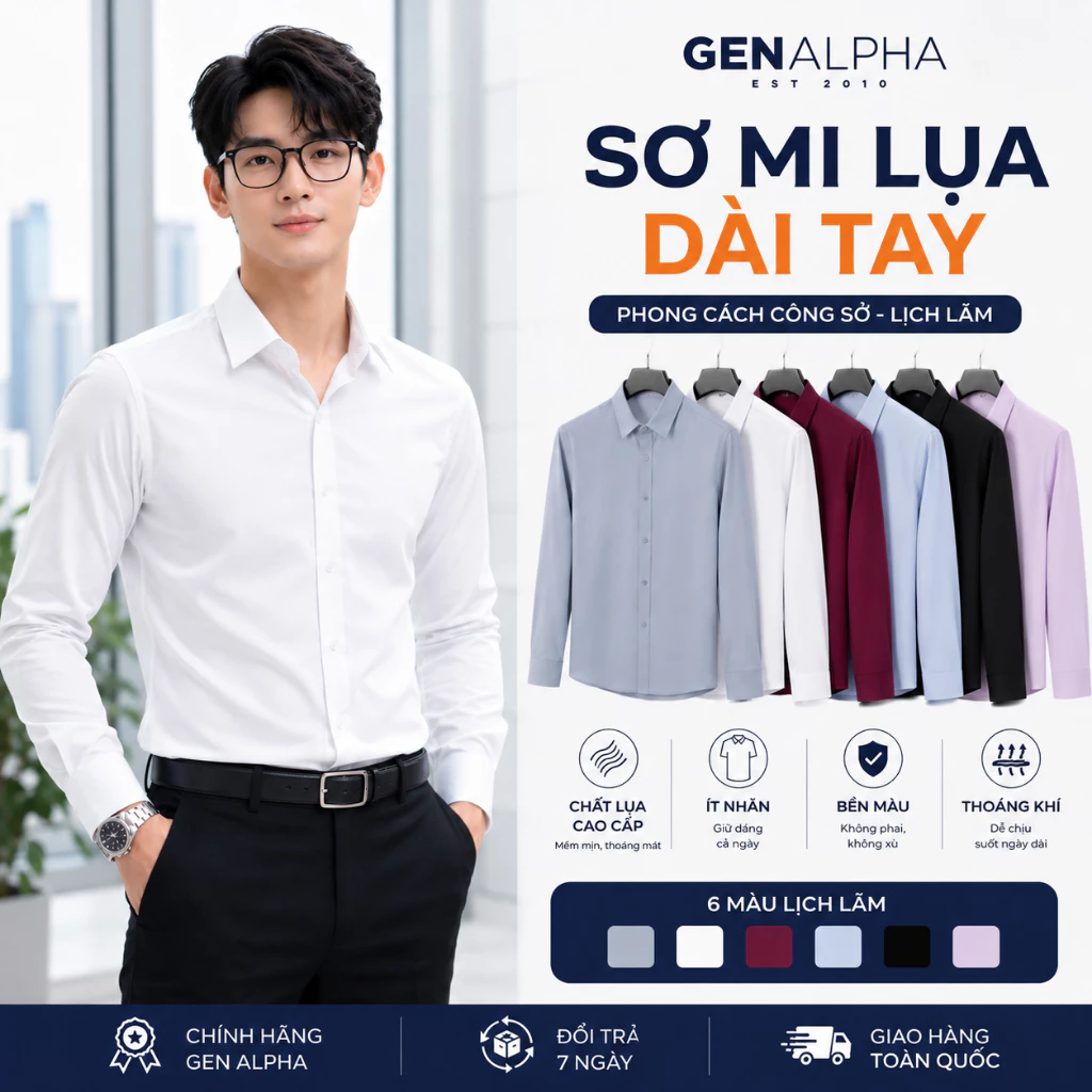 Áo Sơ Mi Nam Tay Dài GEN ALPHA Vải Kate Lụa Mịn Cao Cấp Kháng Nhăn Thấm Hút Mồ Hôi Công Sở