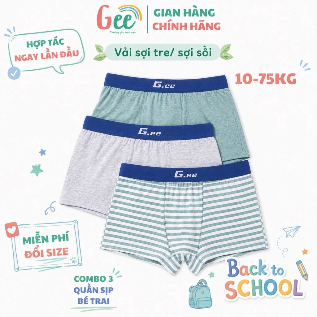 Quần lót bé trai Gee, set 3 quần sịp, chip bé trai 10-75kg, vải sợi tre, sợi sồi mềm mát, co giãn