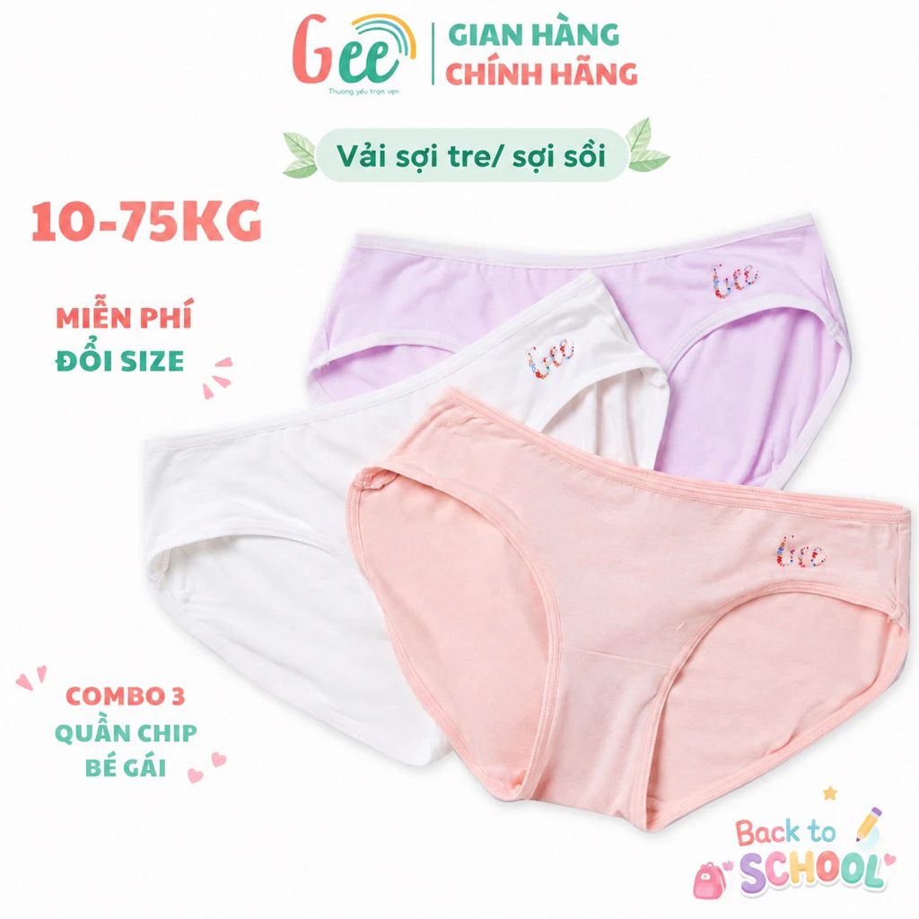 Set 3 quần lót cho bé gái Gee, quần chip tam giác sợi tre, size10-75kg, mềm mịn, co giãn, thầm hút