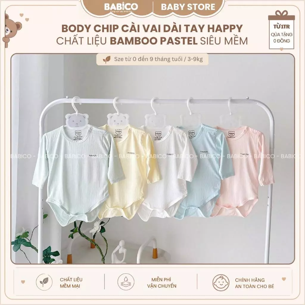 Body Chip Dài Tay CÀI VAI Happy Chất Liệu Bamboo Pastel Mềm Mại, Đáng Yêu Cho Bé 0-9 Tháng CD1