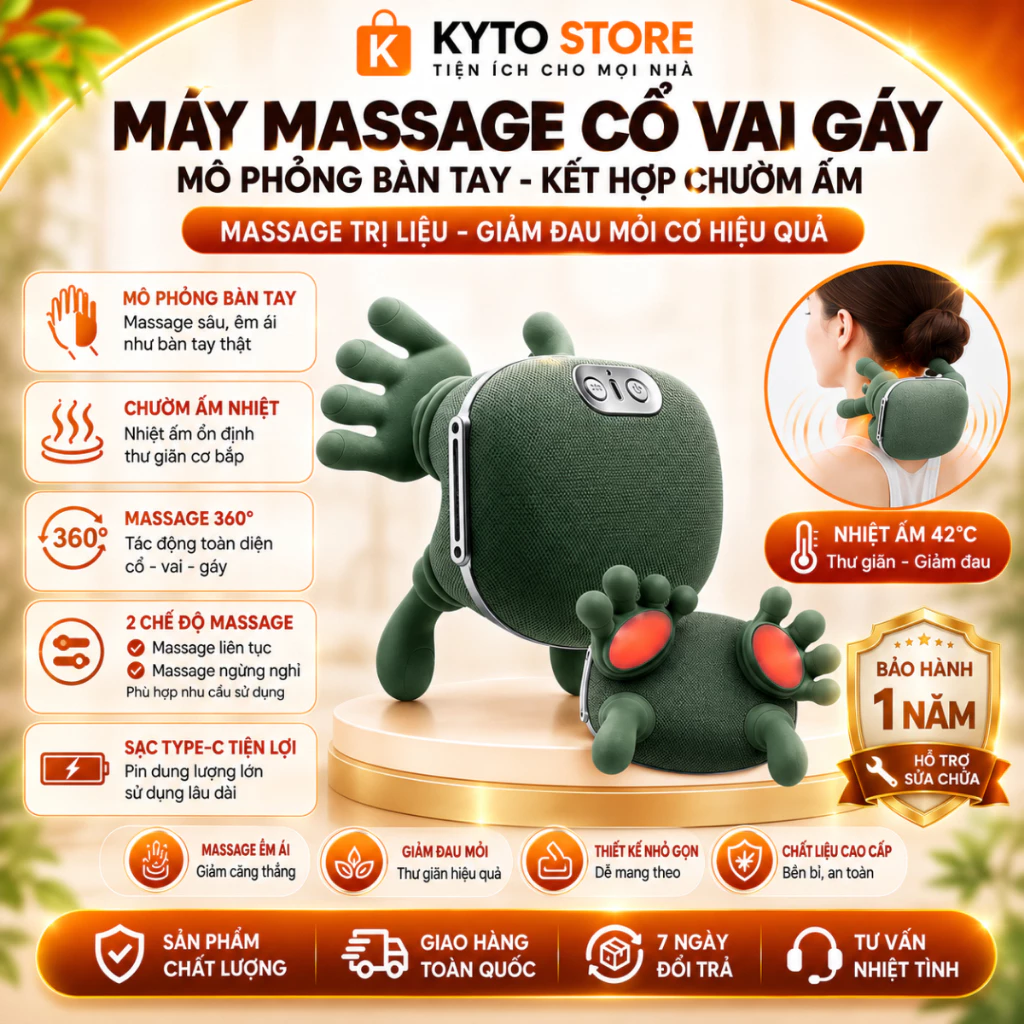 Máy Massage Cổ Vai Gáy Mô Phỏng Bàn Tay Kết Hợp Chườm Ấm, Massage Trị Liệu Giảm Đau Mỏi Cơ Hiệu Quả