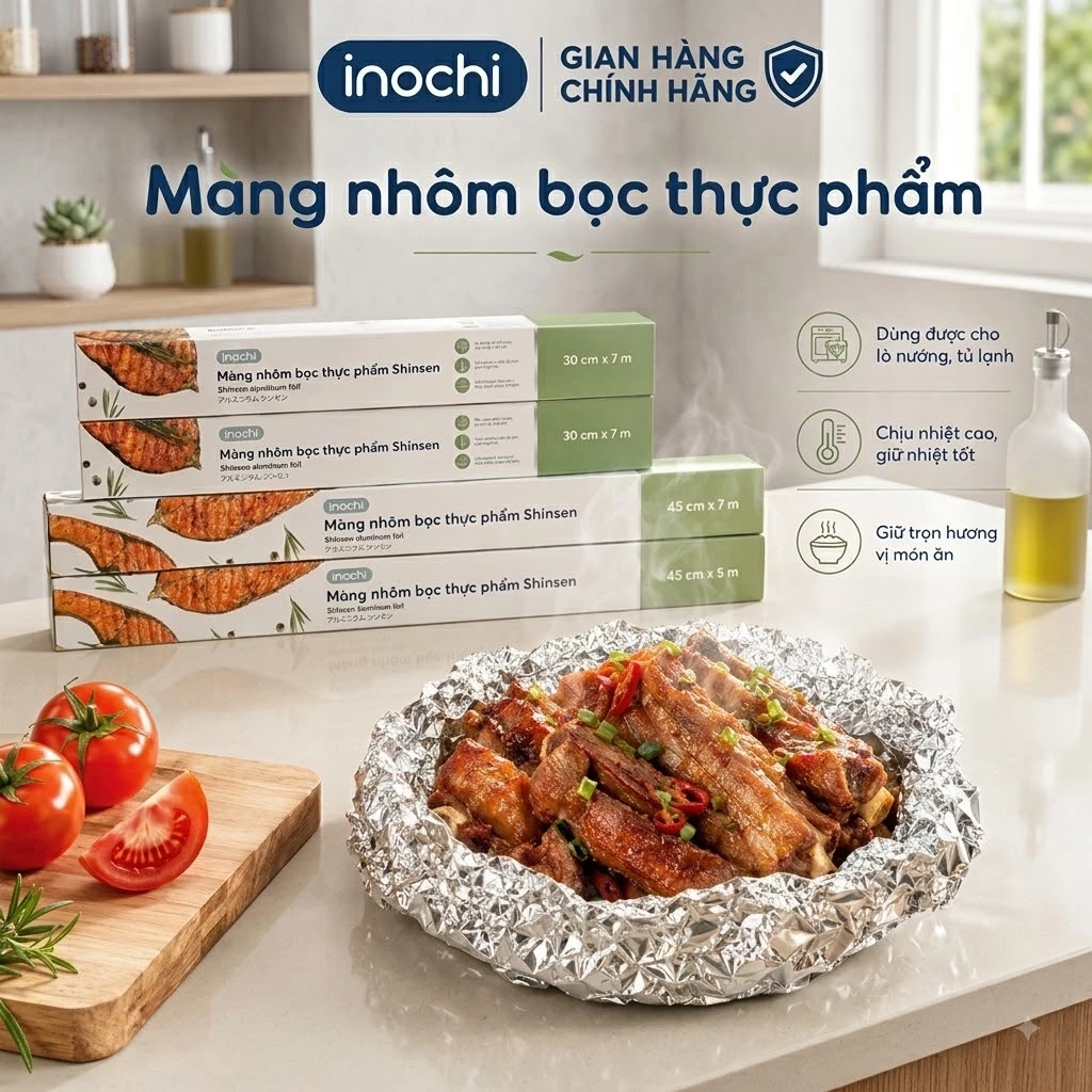 Màng nhôm (giấy Bạc) bọc thực phẩm Shinsen, dẫn nhiệt tốt cho lò nướng nồi chiên, Chịu nhiệt cao