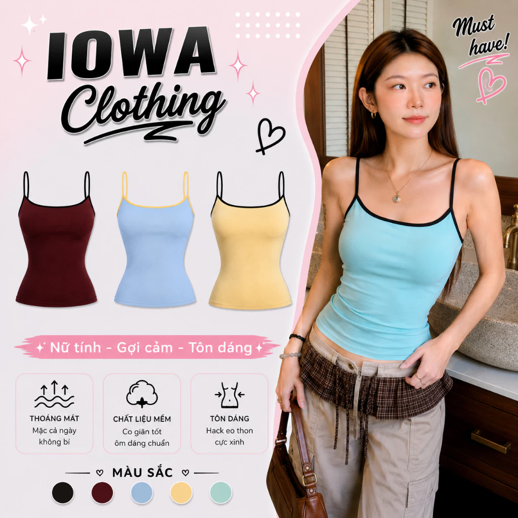 [MÀU MỚI] Áo Thun Nữ Hai Dây Phối Viền Màu Ôm Body IOWA DD24 - Thun Borip Lụa, Mềm Mát Mix Màu