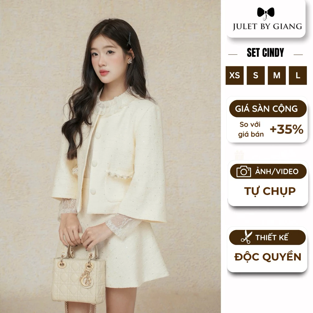 [JULETBYGIANG] Áo khoác dạ tweed  Juletbygiang tiểu thư hàng thiết kế phối túi đá phối chân váy CINDY set đồ Tết