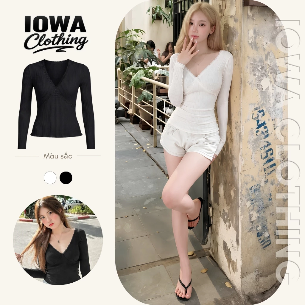 [XẢ HÀNG] Áo Thun Nữ Ôm Body Tay Dài Cổ V Phối Viền Ren IOWA BM250 - Cổ Tim Thun Len Co Giãn