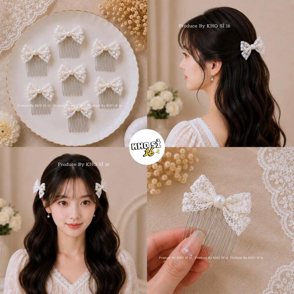 Kẹp Xược Cài Tóc Nơ Ren Trắng Phong Cách Vintage, Xinh Xắn, Giúp Giữ Tóc Và Tạo Kiểu_Khosi16