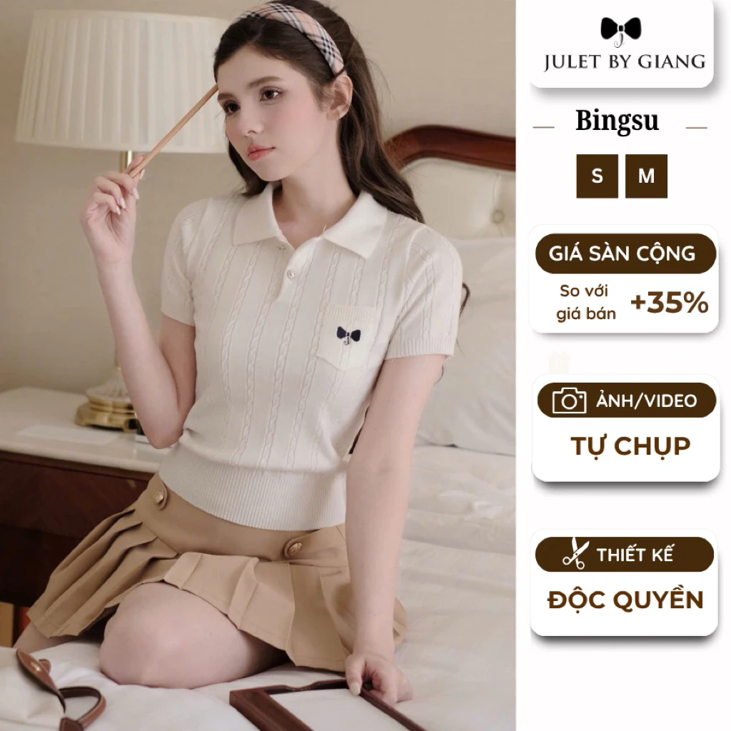 [JULETBYGIANG] Áo thun cổ polo nữ Juletbygiang len dệt kim form vừa nữ tính hàng thiết kế Bi