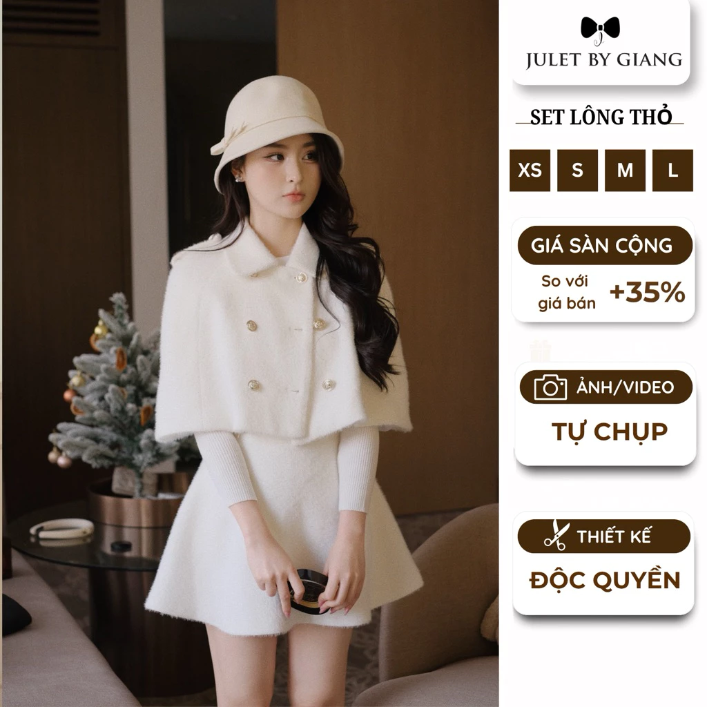 [JULETBYGIANG] Set áo khoác dạ và chân váy dạ thỏ trắng Juletbygiang thiết kế phong cách tiểu thư