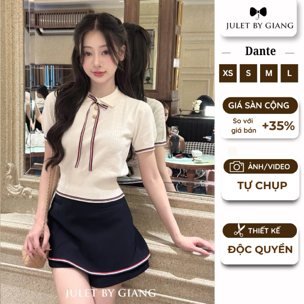 [JULETBYGIANG] Áo Len Dệt Kim Polo Datne Cổ Áo Polo Nữ Dante Phối Nơ Juletbygiang Nữ Tính Dáng Áo Fo