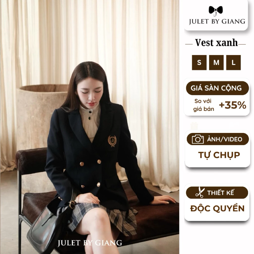 [JULETBYGIANG] Vest blazer nữ Juletbygiang màu Xanh than thêu nữ tính thanh lịch form vừa hàng thiết