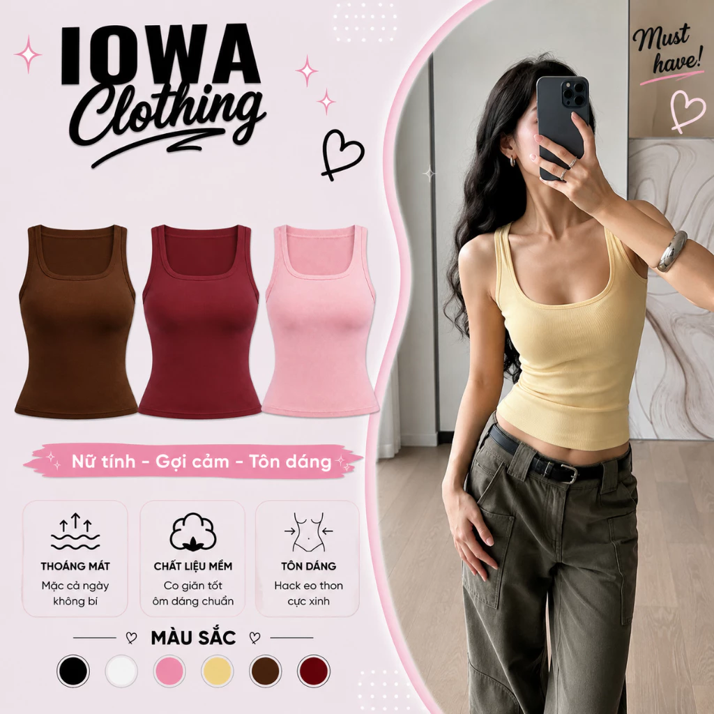 Áo Sát Nách Nữ Bản To Ôm Body Dáng Dài IOWA DD16 - Tanktop Thun Borip Lụa, Co Giãn, Mềm Mát