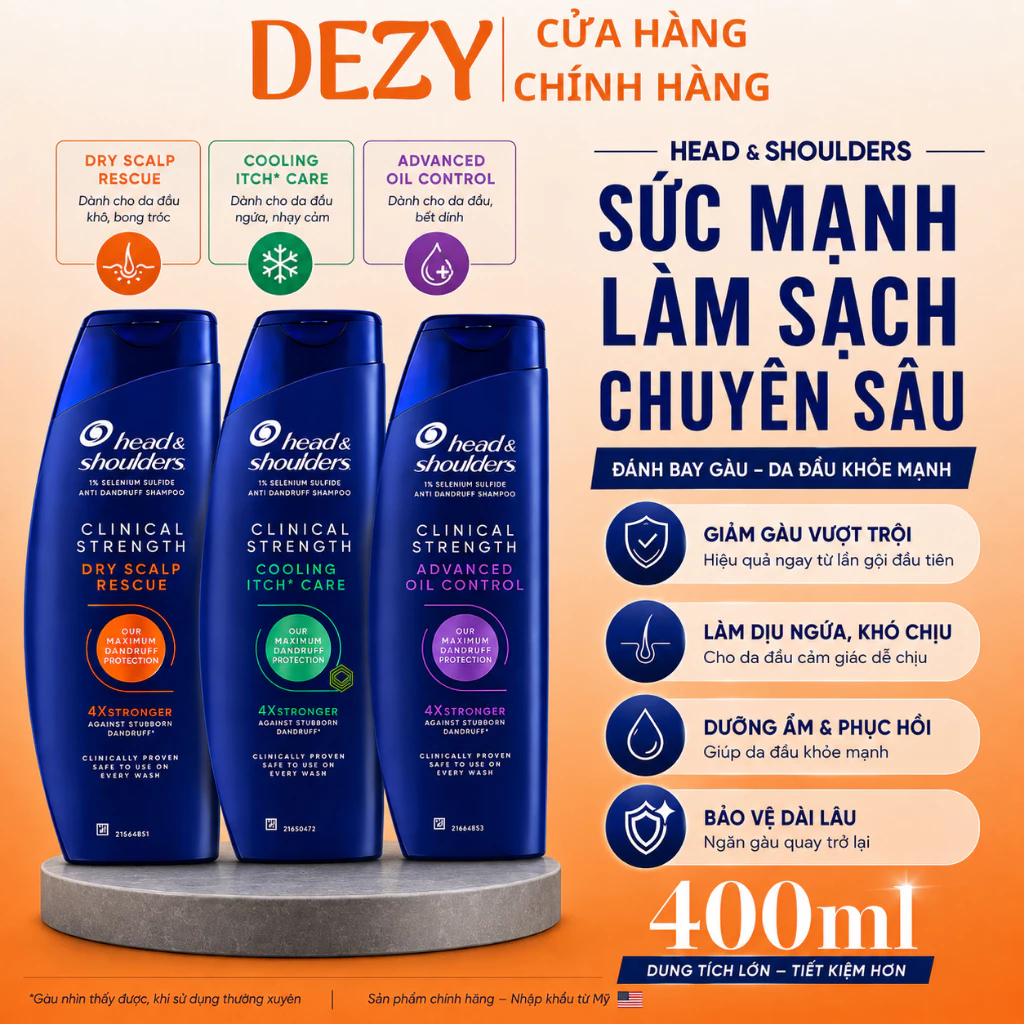 Dầu Gội Head & Shoulders Clinical Strength Mỹ 400ml – Chăm Sóc Chuyên Sâu Cho Da Đầu Gàu Giảm Nhờn Dưỡng Ẩm Da Đầu Dezy