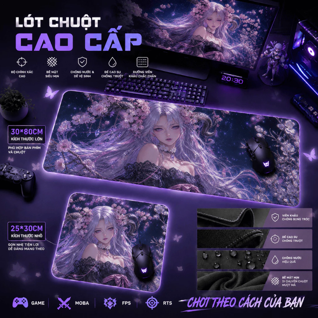 Lót chuột thiếu nữ sừng quỷ, họa tiết hoa anh đào tối, chống trơn, cho fan gothic & Anime, size 80*30 & 25*30.