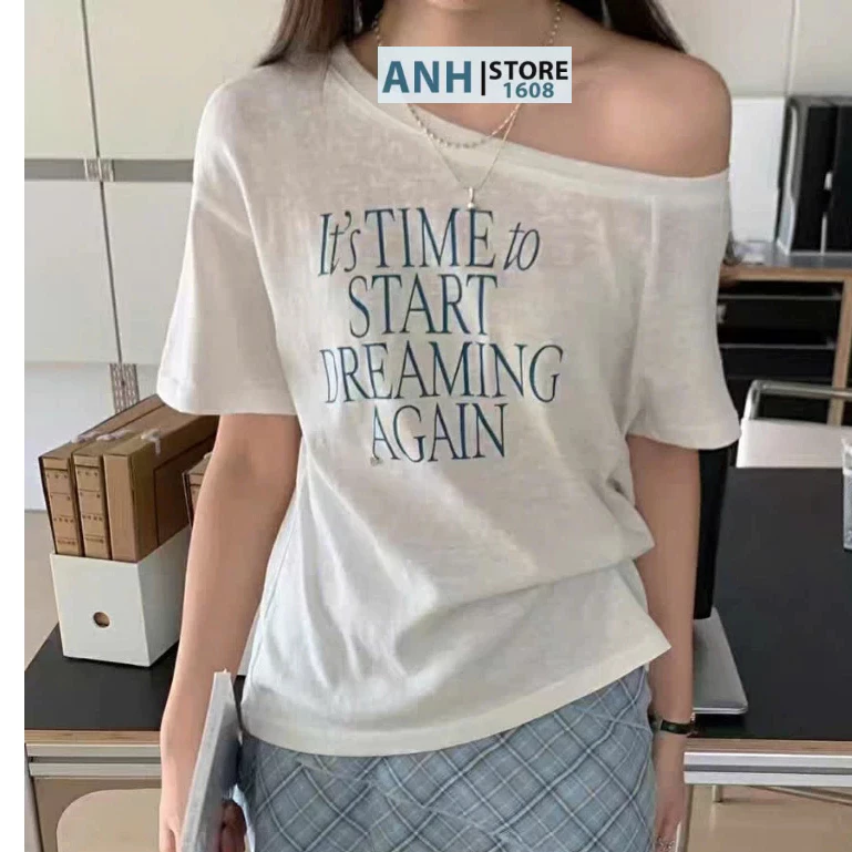 Áo thun lệch vai Ngắn Tay Nữ Nhà ANHSTORE, chất thun Xược giấy , phom rộng in hình cá thời trang