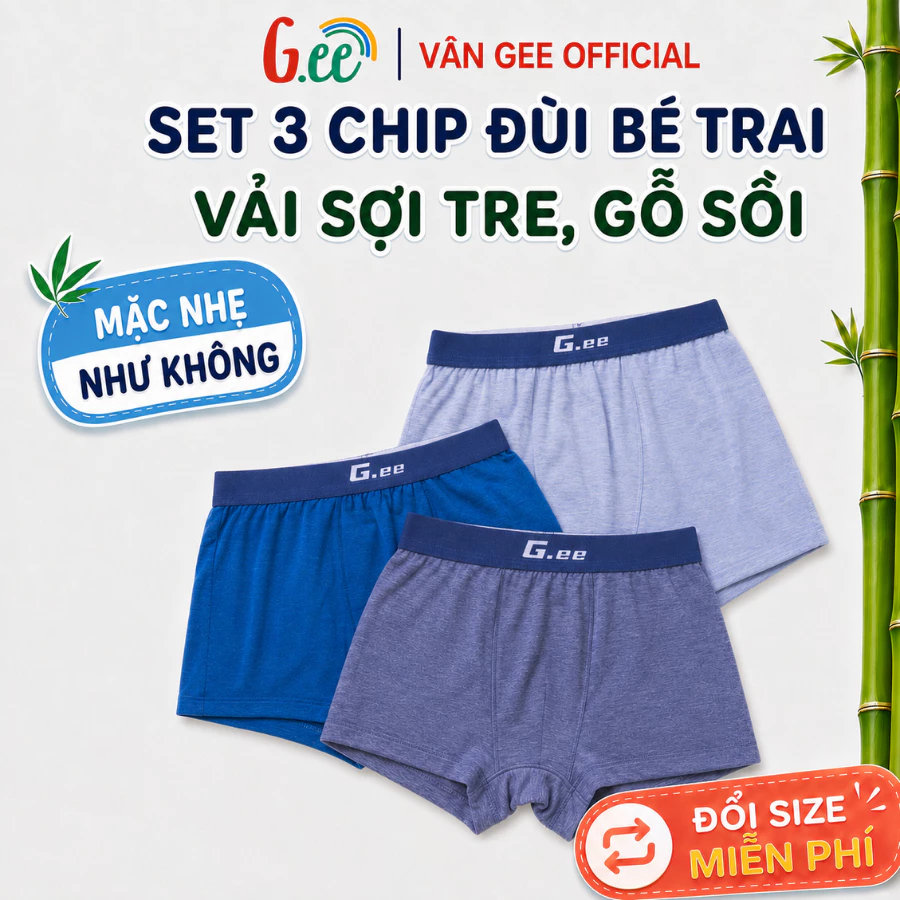 Set 3 quần Lót Bé Trai Gee chất liệu sợi tre mềm nhẹ co dãn thoải mái phù hợp với bé tập mặc