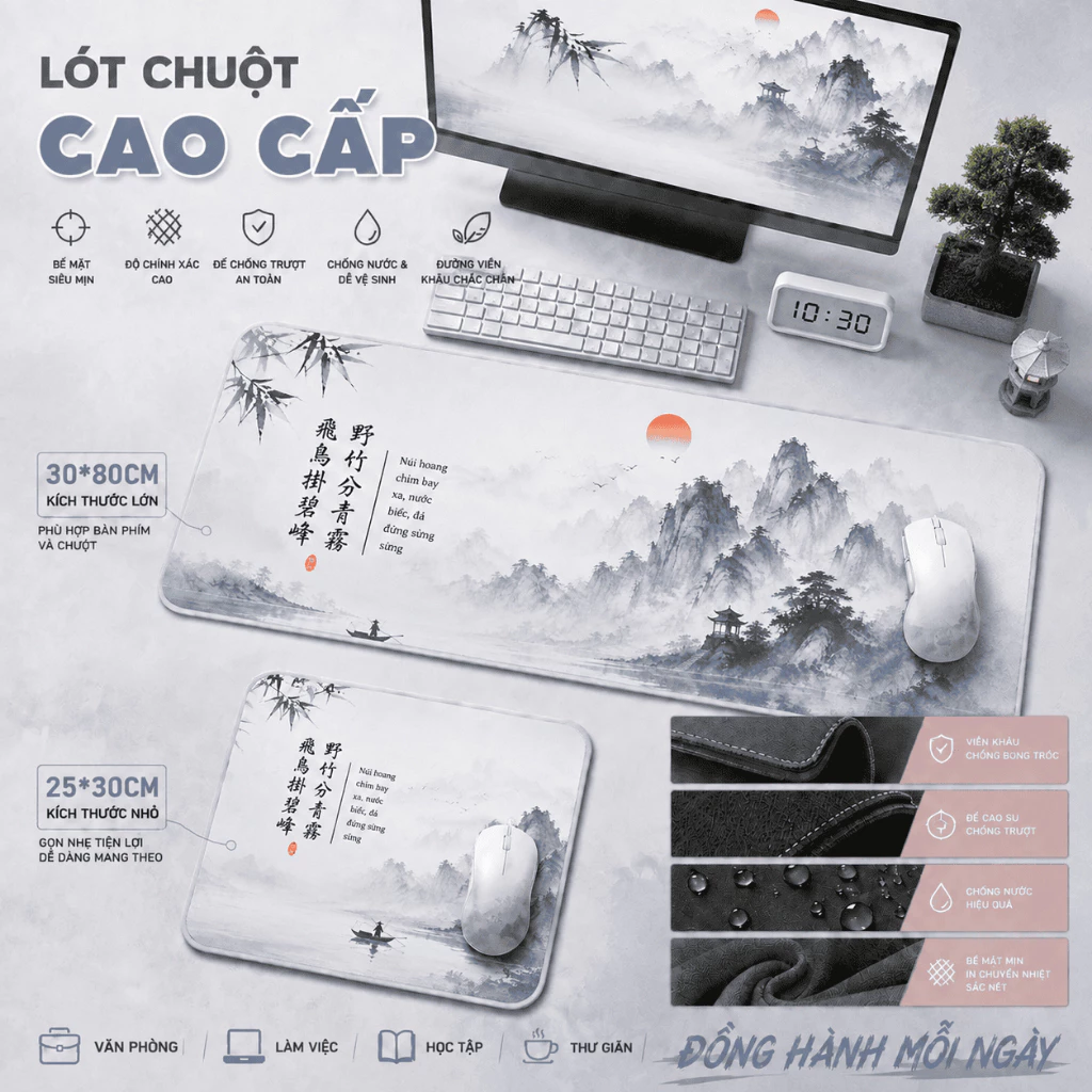Lót chuột tranh thủy mặc núi non, phong cách cổ điển, chống trơn, cho người thích thiền, size 80*30 & 25*30.