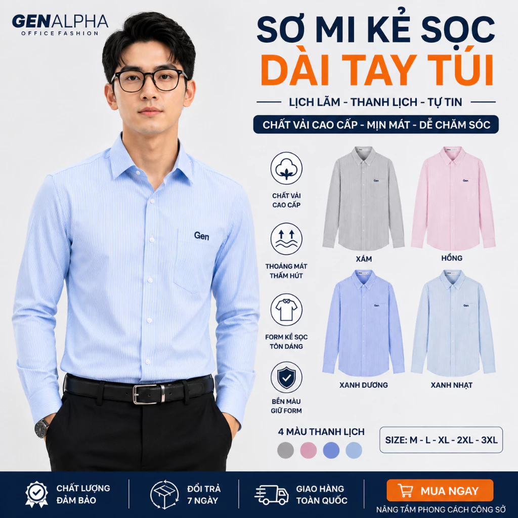 Áo Sơ Mi Tay Dài Nam Nữ Công Sở GEN ALPHA, Sơ Mi Sọc Công Sở Tay Dài Kẻ Sọc Có Túi GEN550