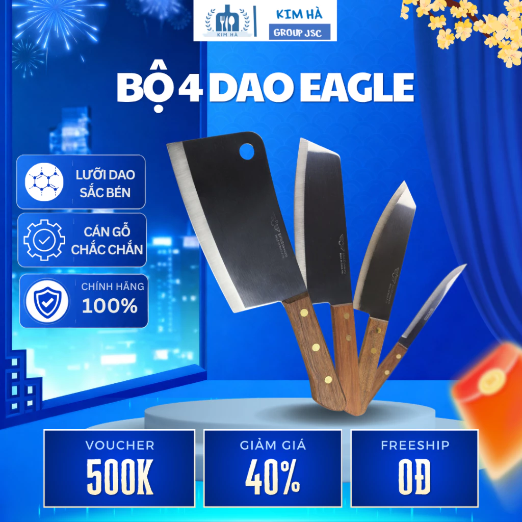 Bộ Dao Eagle, Bộ 4 dao Đầu Bằng, Đầu Nhọn Chuôi Gỗ Sắc Bén An Toàn Khi Sử Dụng - KIM HÀ GROUP JSC