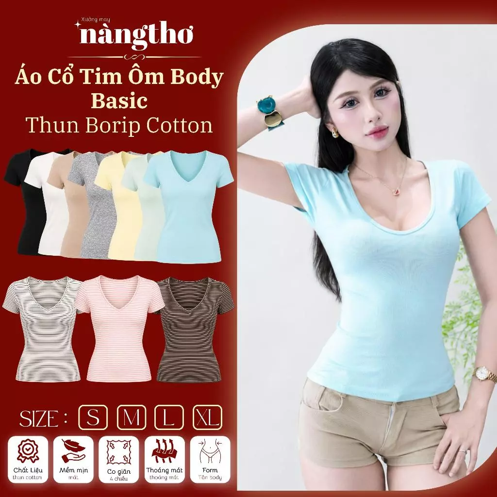 230 Áo Thun Cổ Tim Thắt Eo Ôm Body – SIGNATURE (Borip Cotton Co Giãn, 55cm)