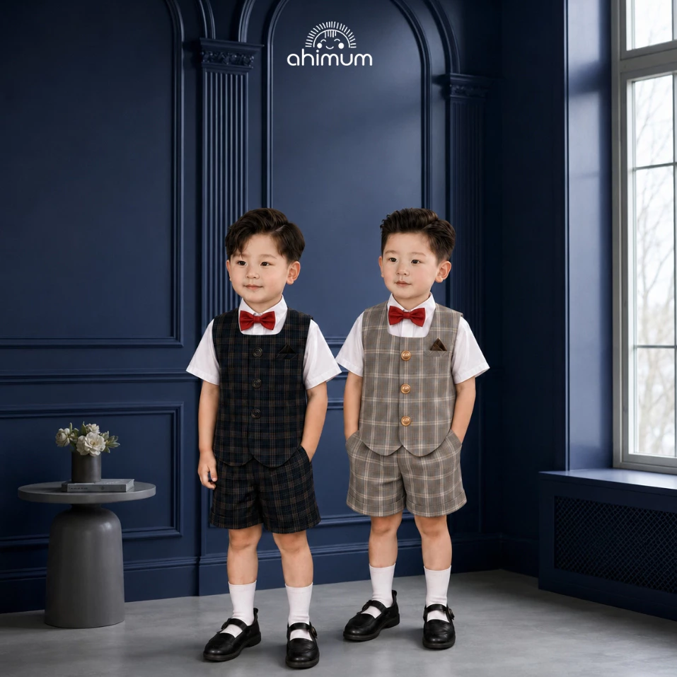 Áo gile bé trai AHIMUM  bộ vest gile trẻ em vải Tuytsi Hàn cao cấp mặc sinh nhật dự tiệc