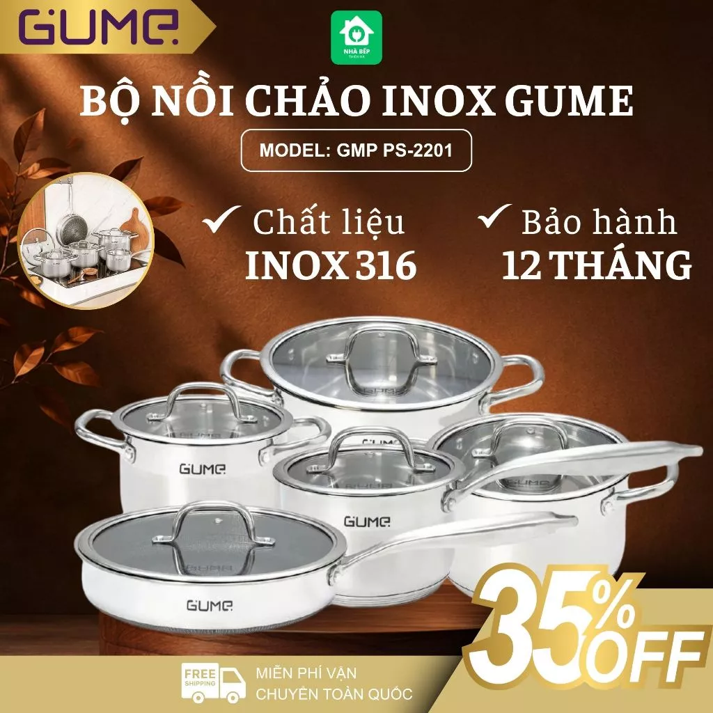 Bộ nồi chảo GUME, bộ nồi Inox cao cấp đáy 5 lớp dày dặn phù hợp mọi loại bếp bảo hành 5 năm - Nhà Bếp Thiên Hà
