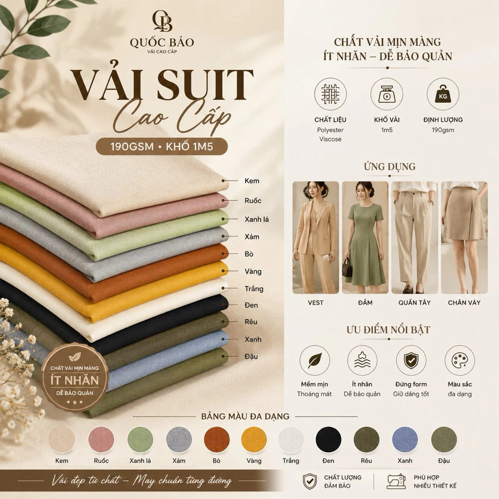 [Vải Quốc Bảo] Vải suit , 190gsm, khổ 1m5, phù hợp đầm,chân váy,set,vest,plazer