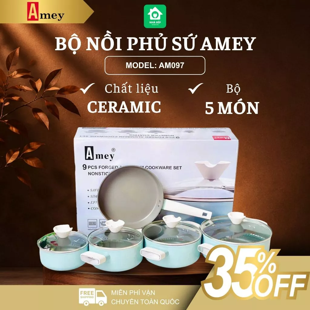 Bộ Nồi Phủ Sứ Chống Dính Amey AM096 Hợp Kim Nhôm Truyền Nhiệt Nhanh, Nắp Kính Cường Lực - Nhà Bếp Thiên Hà