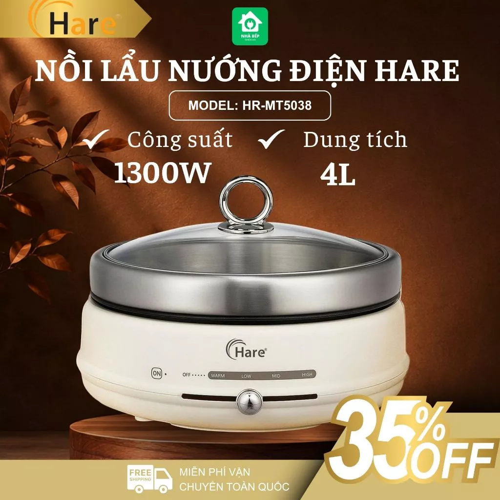 Nồi Lẩu Nướng Điện Hare HR-MT5038 Inox 304 Chống Dính Cao Cấp, Dung Tích 4L Tiện Dụng - Nhà Bếp Thiên Hà