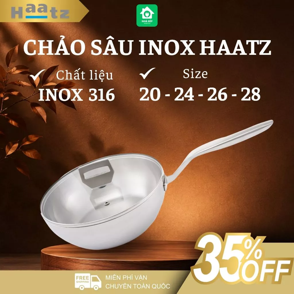 Chảo Sâu Lòng Inox Haatz HYP920V 20cm 24cm 26cm 28cm Inox 316 Cao Cấp, Đáy 3 Lớp Truyền Nhiệt Đều - Nhà Bếp Thiên Hà