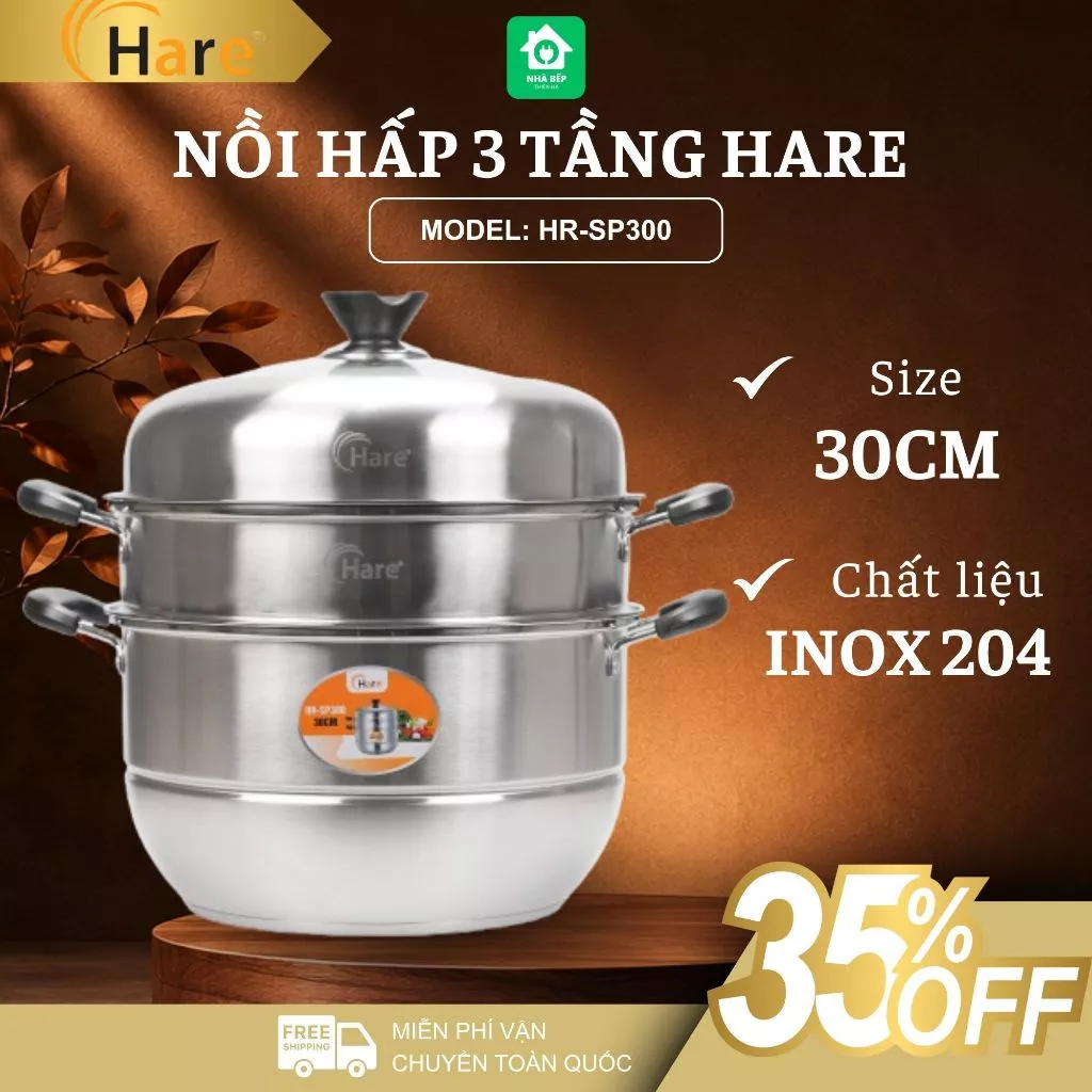 Nồi Hấp 3 Tầng Hare HR-SP300 30cm Inox 201 Cao Cấp Chống Gỉ, Truyền Nhiệt Đều Tiết Kiệm Thời Gian - Nhà Bếp Thiên Hà