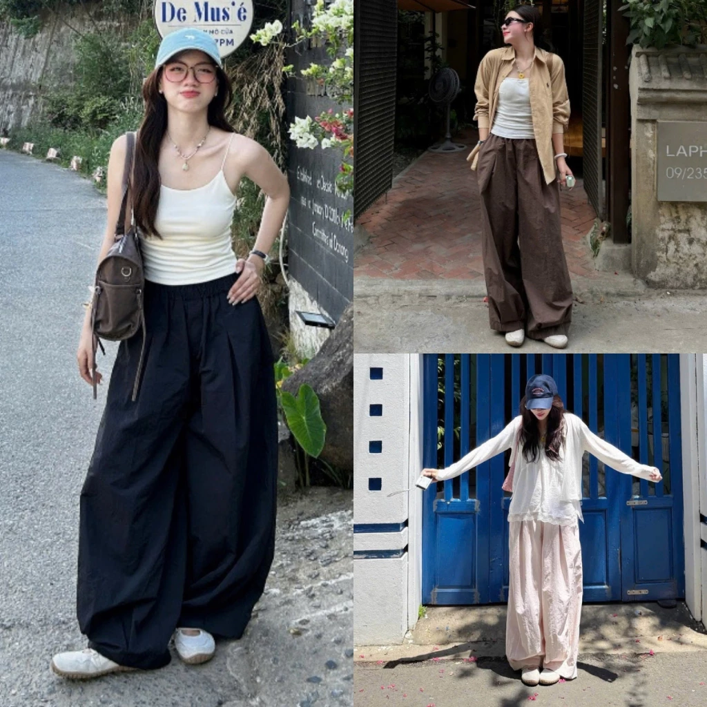 Quần dù gió thô form rộng freesize lưng chun co giãn - Q6818