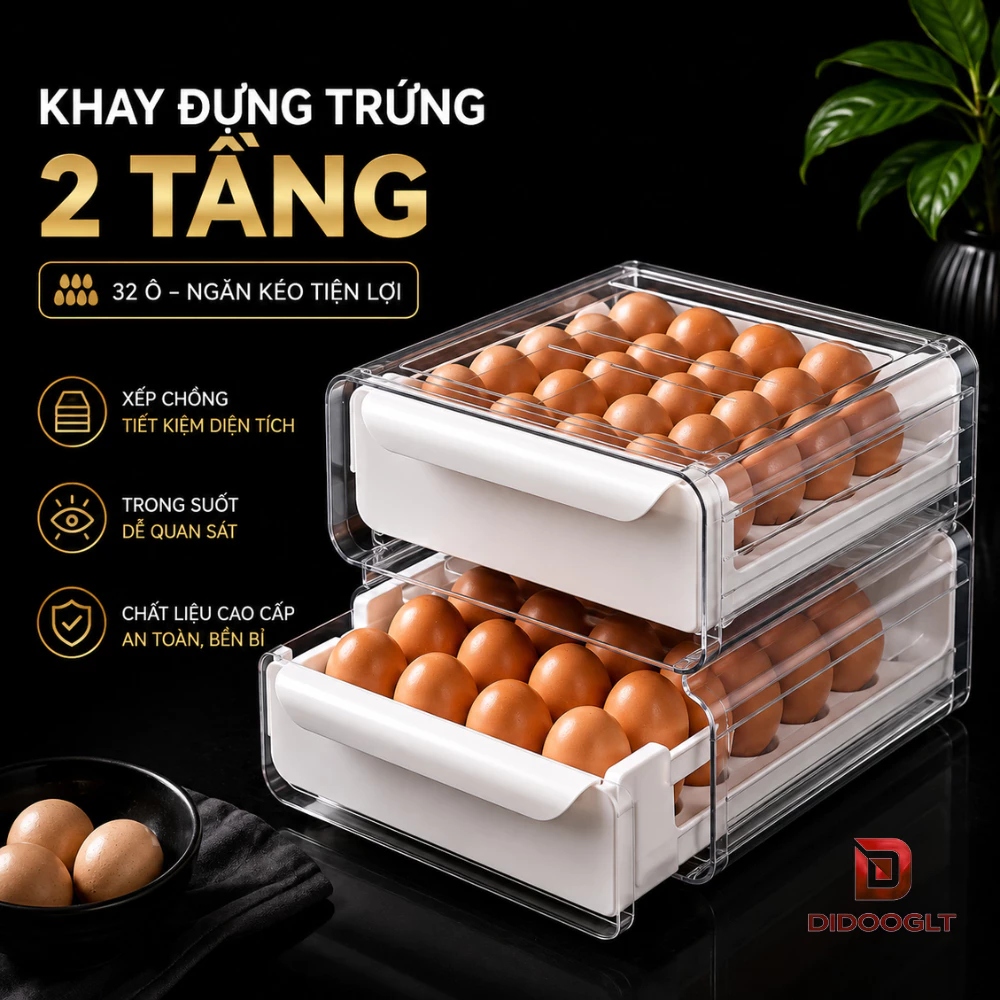Khay Đựng Trứng 2 Tầng 32 Ô Có Ngăn Kéo Xếp Chồng Tiết Kiệm Diện Tích Tủ Lạnh