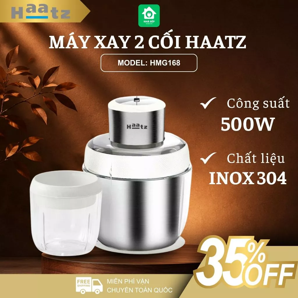 Máy Xay 2 Cối Haatz HMG168 Công Suất 500W Mạnh Mẽ, Dung Tích 2.5L Inox Cao Cấp Xay Nhanh Mịn - Nhà Bếp Thiên Hà