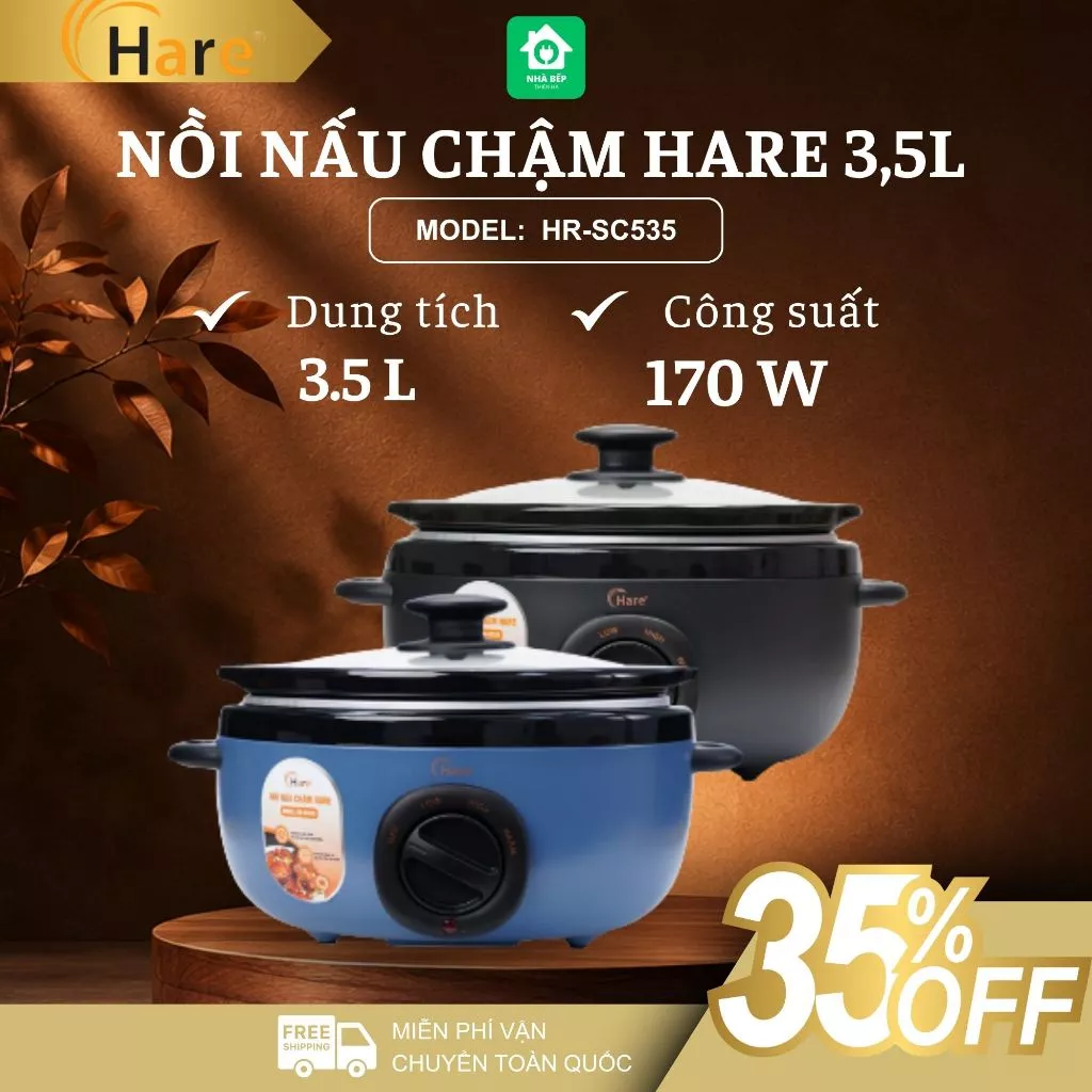 Nồi Nấu Chậm Hare 3.5L HR-SC535 170W Gia Nhiệt Quanh Lòng Nồi, Lòng Gốm Sứ Giữ Trọn Dinh Dưỡng - Nhà Bếp Thiên Hà