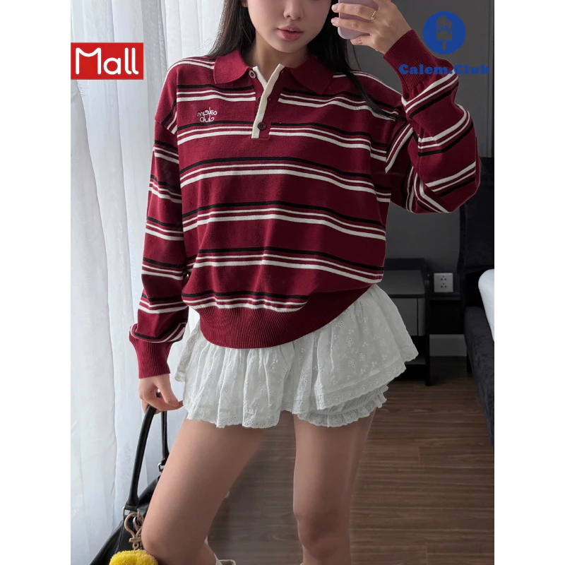 Calem.Club - Áo len Polo Tay Dài DOUBLE STRIPE chữ thêu chất len mịn Premium form unisex nam nữ thu đông