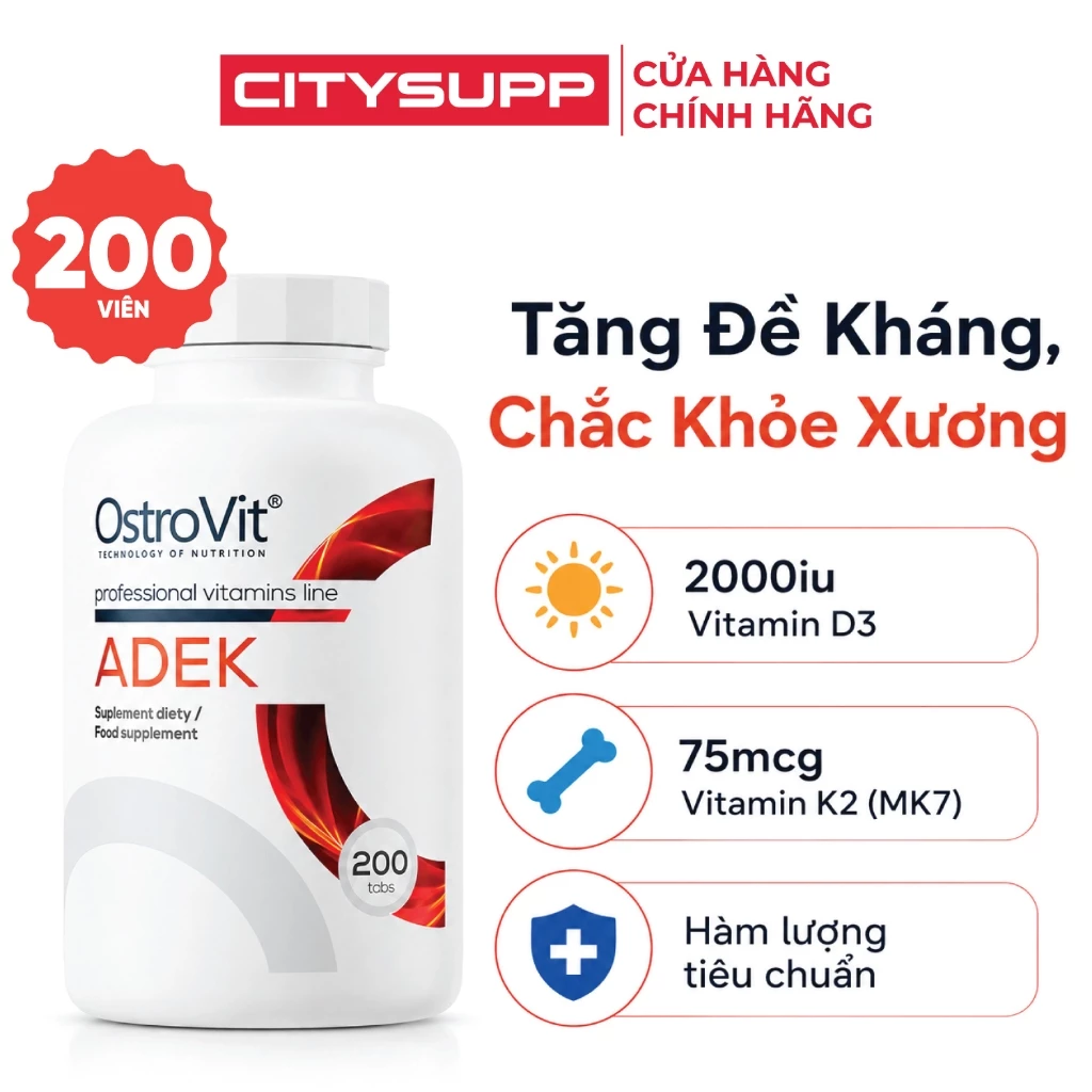 Ostrovit ADEK (200 viên) Bổ Sung Vitamin Toàn Diện A, D, E, K, Hỗ Trợ Mắt, Da, Tim Mạch, Xương Khớp | Nhập khẩu Ba Lan