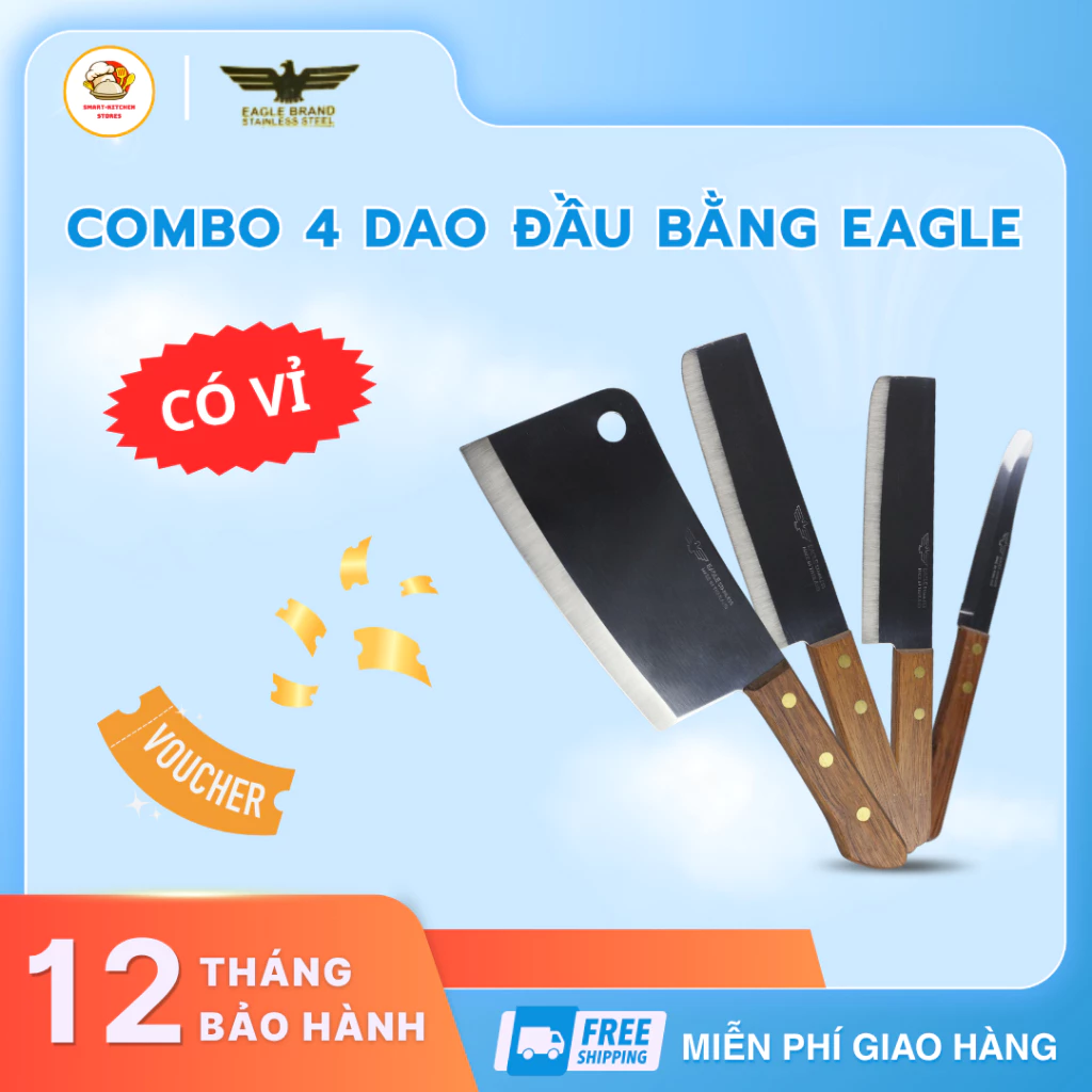 Bộ 4 Dao Eagle Đầy Đủ Kích Thước, Thái Chặt Gọt Tiện Lợi Chất Liệu Thép Cao Cấp - Smart Kitchen Store