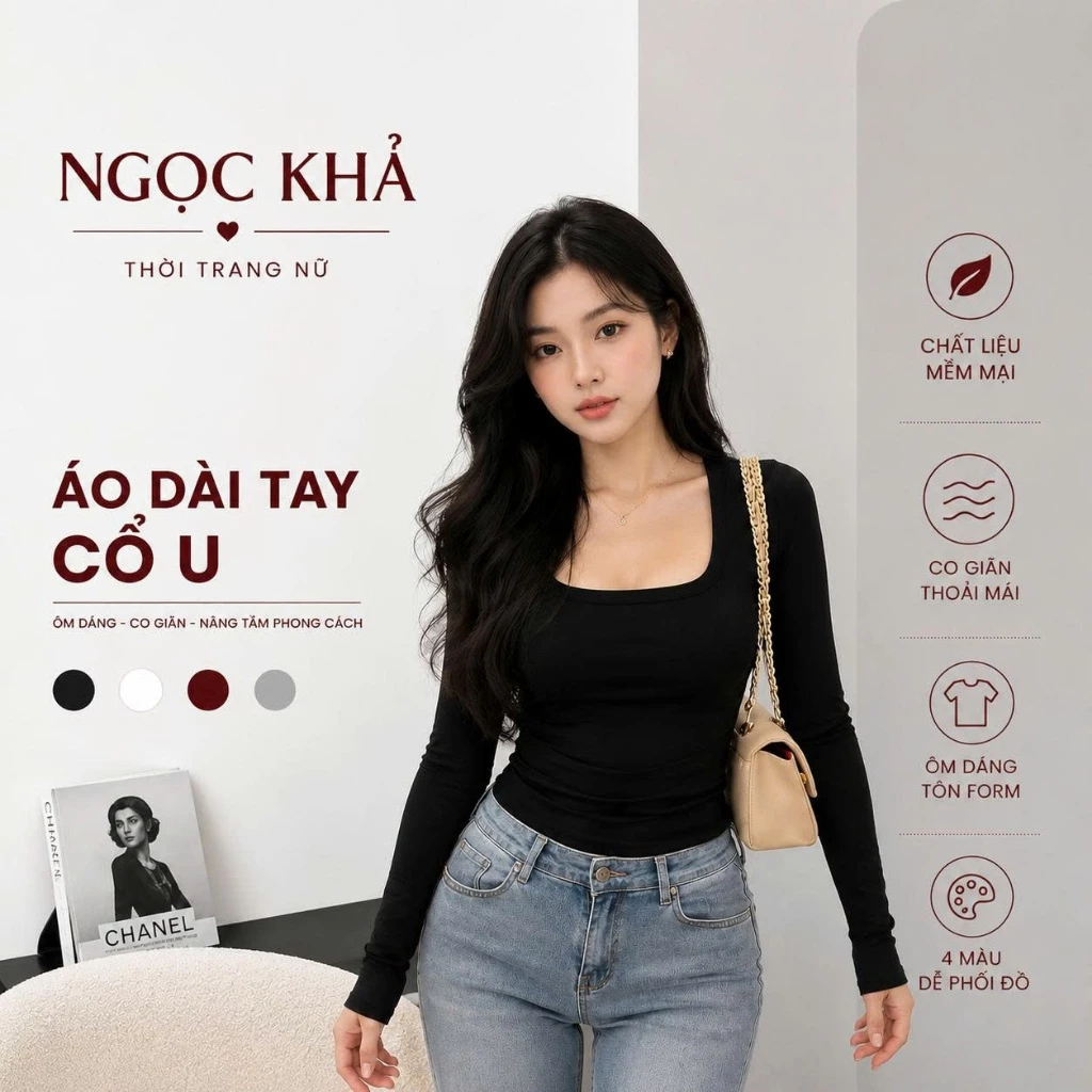 Áo Thun Nữ Cổ U Tay Dài Cotton Co Giãn Ôm Dáng, Áo Basic Nữ Xinh Dễ Phối Đồ A43