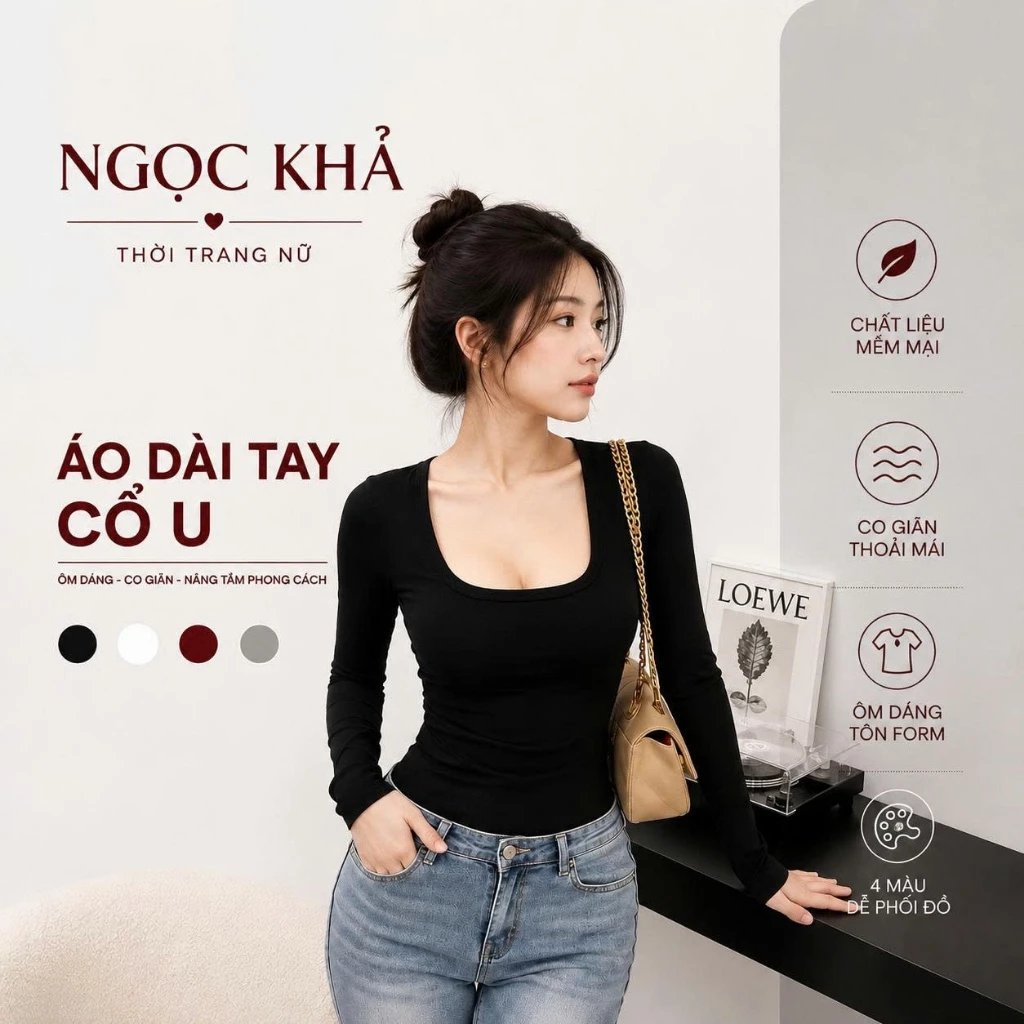 Áo Nữ Dài Tay Cổ U Cotton Mềm Mại Co Giãn, Áo Basic Dễ Phối Đồ 4 Màu A43