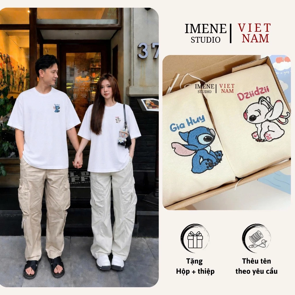 Áo thun THÊU cặp đôi nam nữ theo yêu cầu, áo phông cặp đôi nam nữ, áo phông nữ form rộng thêu DISNEY (IM21)