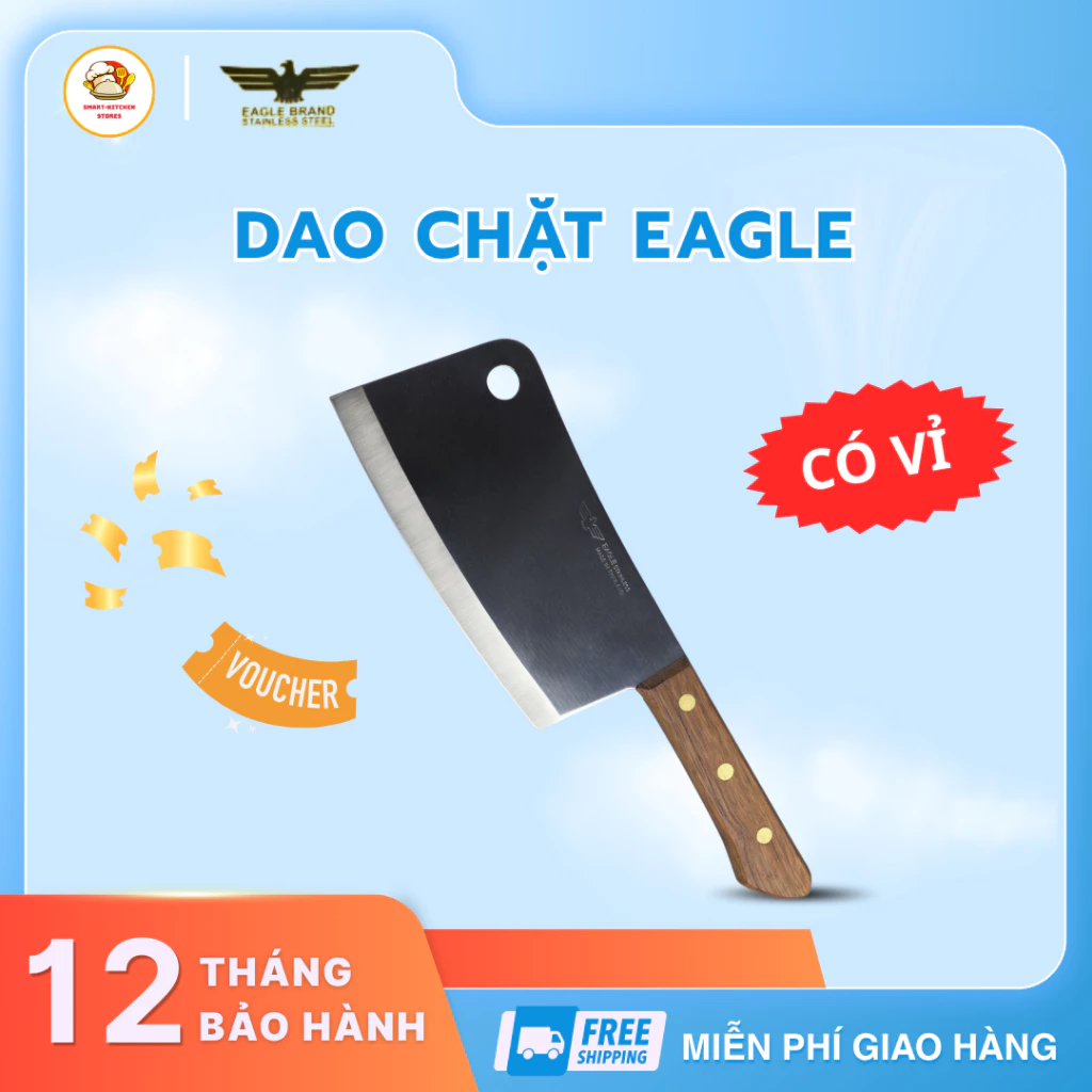 Dao Chặt Eagle Chính Hãng 19cm, Dao Cán Gỗ Cao Câp Lưỡi Thép Không Gỉ Sáng Bóng - Smart Kitchen Store