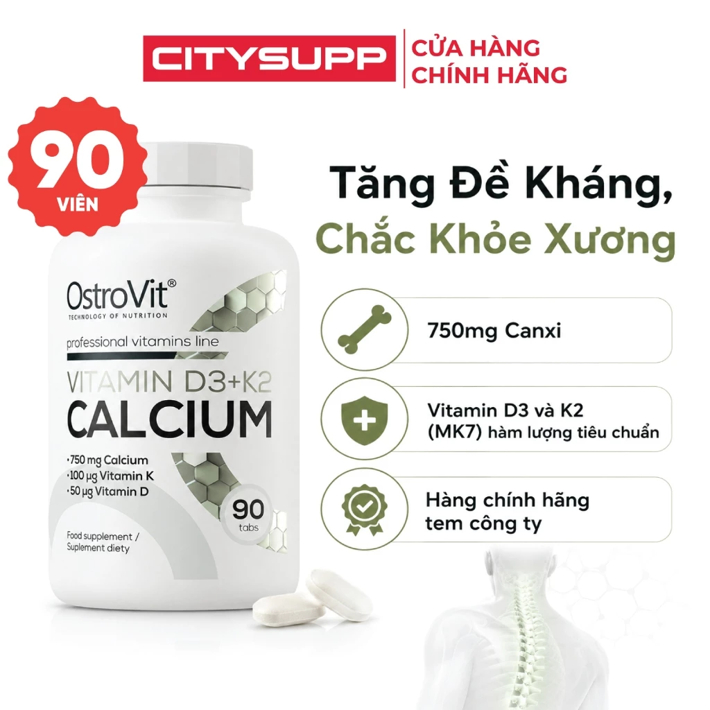 Viên Uống Ostrovit Vitamin D3 K2 Calcium (90 Viên) Bổ Sung Vitamin và Canxi, Chắc Khỏe Xương | CitySupp
