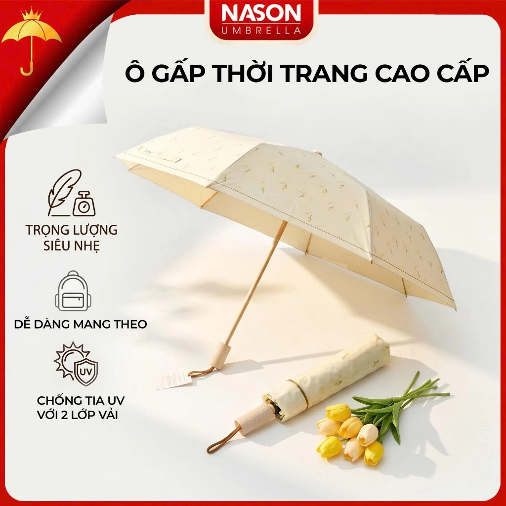 Ô siêu nhẹ cầm tay che mưa/nắng ngăn 99% UV NASON Ultra Light gấp gọn họa tiết hoa