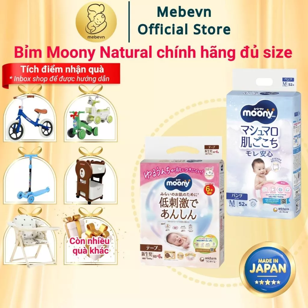 Bỉm moony trắng, bỉm moony natural chính hãng Dán/Quần đủ size NB62/S58/M46/L36/XL32